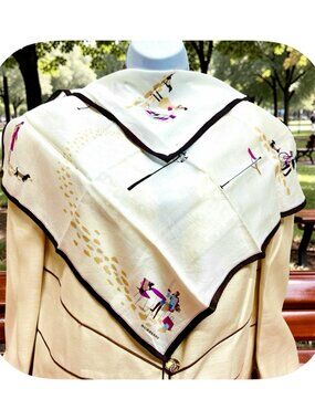 Burberrys Neck-kerchief 19.5" cotton ligh green ivery putplr dogs and lady(85